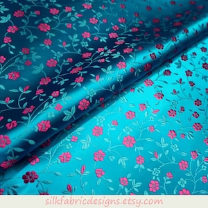 Blue Brocade Satin Fabric Wit Small Floral Print Fabric by meter