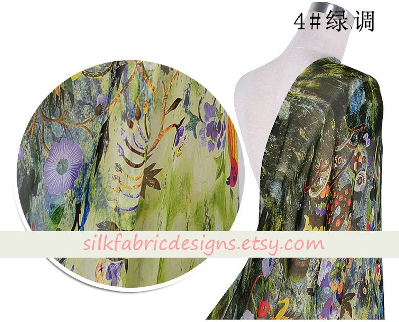 Floral Birds Print Green 100/% Pure Silk Chiffon Fabric By the Yard Width 53 Inch