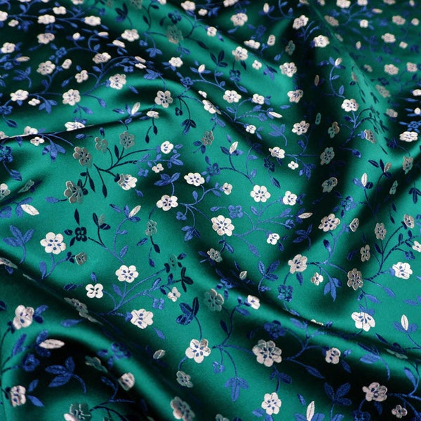 Dark Green Brocade Satin Fabric With Small Floral Leaves Print Fabric by meter