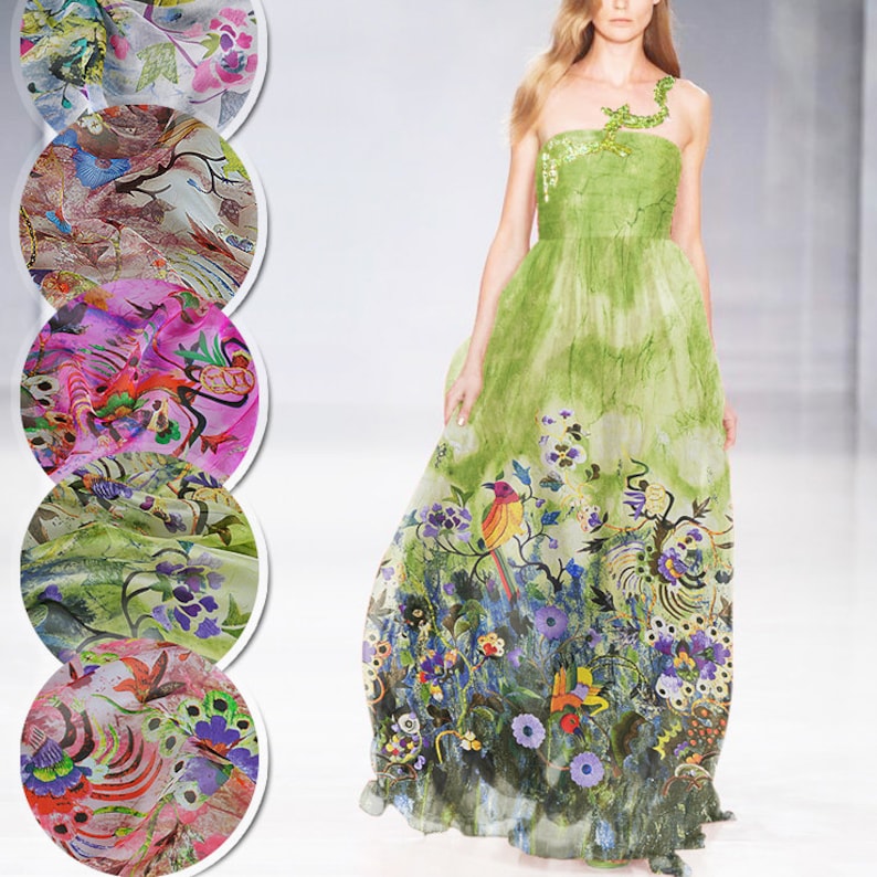 Floral Birds Print Green 100/% Pure Silk Chiffon Fabric By the Yard Width 53 Inch