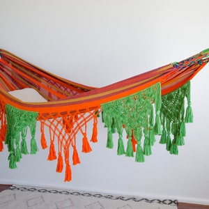 Lightweight Indoor/ Outdoor Macrame Double Hammock in Tropical Green and Bright Orange