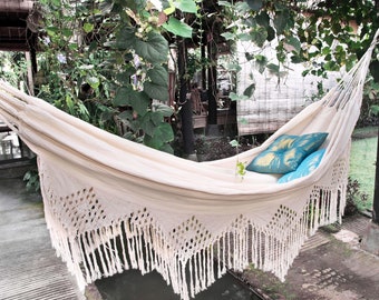 Luxury Hammock with Macrame Cotton Double White