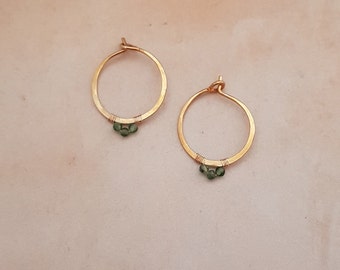 Gold hammered earrings with green India Nephrite, 14k Gold filled, Rustic earrings, Small earrings, Minimalistic