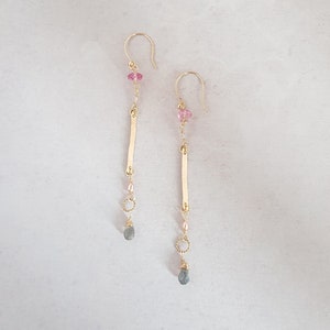 Long gold earrings Sita, 14k Gold filled, Labradorite, Pink topaz, Unique design, Handmade, Minimalist, Pearl