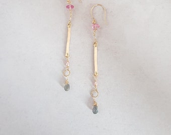 Long gold earrings Sita, 14k Gold filled, Labradorite, Pink topaz, Unique design, Handmade, Minimalist, Pearl