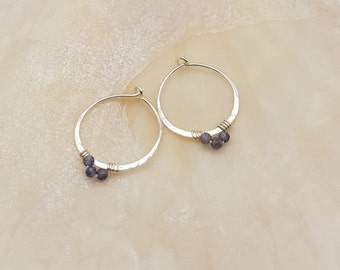 Hammered earrings Silver with blue Iolite, Minimalist, Handmade, Hoop earrings, Small earrings, Gift for her