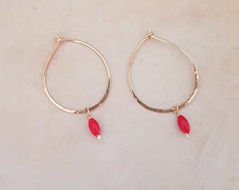 Gold hammered earrings Red Coral, Rustic earrings, Gold filled, Handmade, Gold creoles, Minimalist, Gift for her