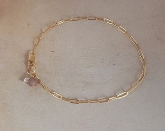 Link bracelet gold filled with brown aventurine and freshwater pearl