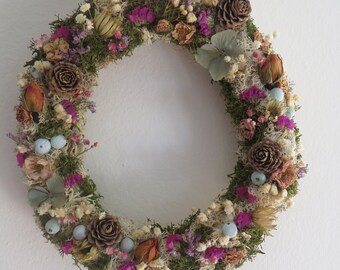 Romantic flower wreath, rustic floral home decoration, dried flowers housewarming gift, botanical wreath, natural gift for her