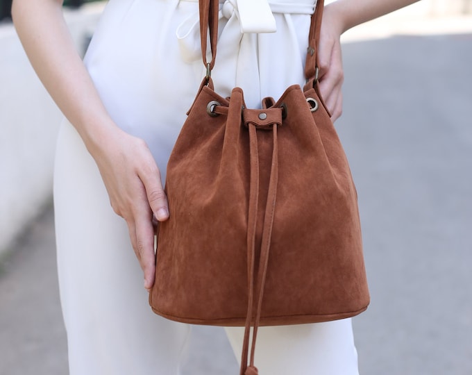 Crossbody Bucket Bag, Suede Bucket Bag, Brown Leather Tote, Tan Color ...
