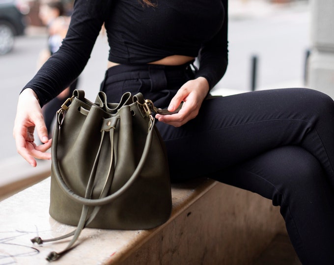 Green Crossbody Bucket Bag, Bag for Woman, Suede Bucket Bag, Brown ...