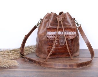 Crossbody Bucket bag, Bags For Women, Large Leather Bucket Bag, Personalized Leather Bag Woman, Brown Bucket bag, Crossbody leather bag