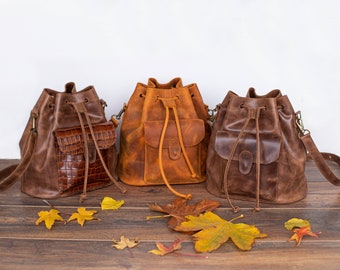 Crossbody Bucket bag, Leather Bucket Bag, Personalized Leather Bag Woman, Cognac Bucket bag, Large shoulder bag for women, Sac cuir