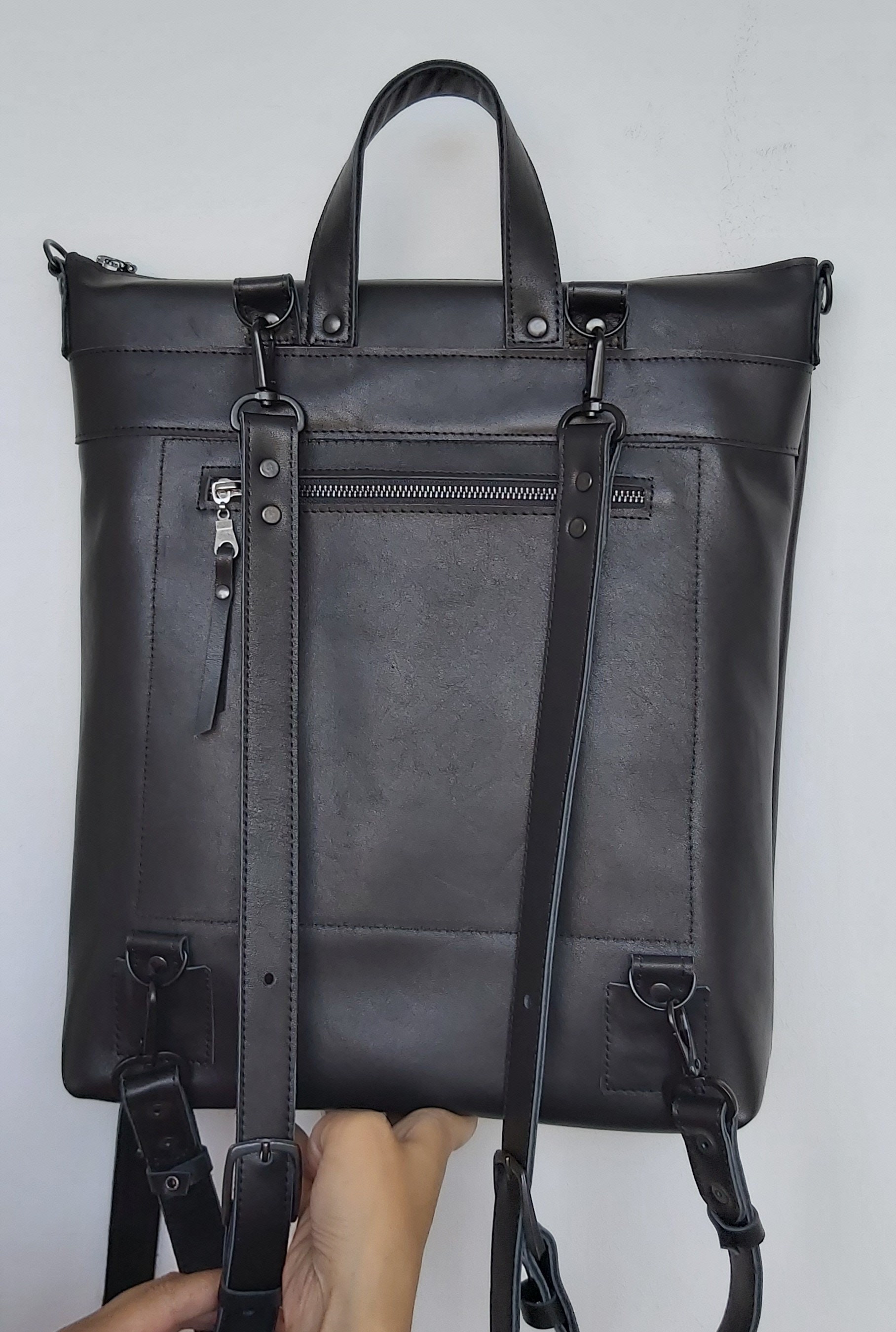 Genuine Leather Convertible Backpack Women Black leather Etsy