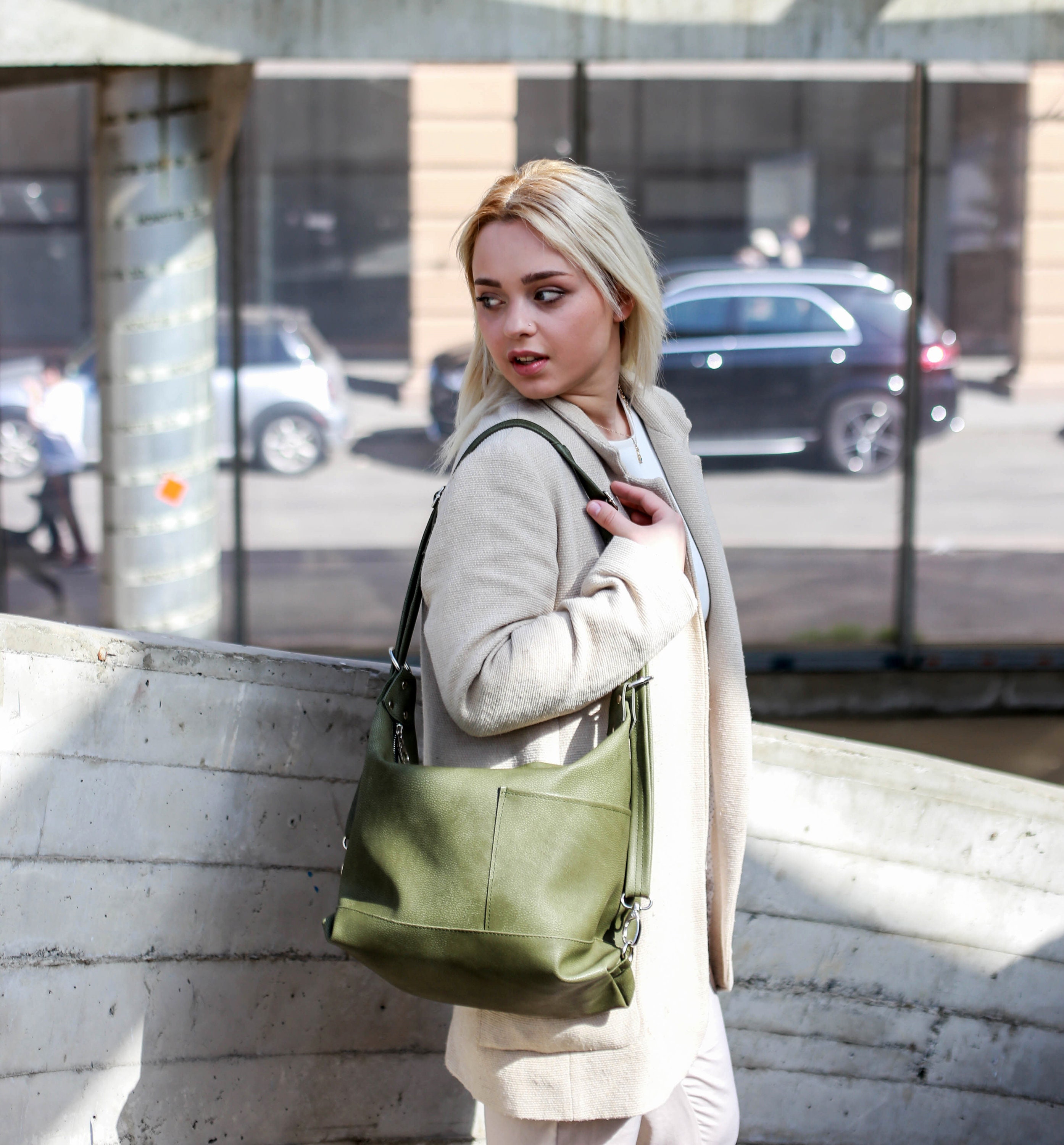 Street Level Maxi Convertible Olive Green Backpack Purse Olive Green Leather Convertible Backpack Purse: Limited  main image 4