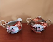 Vintage Satsuma Kutani Geisha Ware Tea Set, Sugar Creamer, and Tea Strainer - Collectible China - Made in Japan