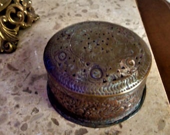Vintage Pierced Copper Lidded Jewelry Box, Chased Design