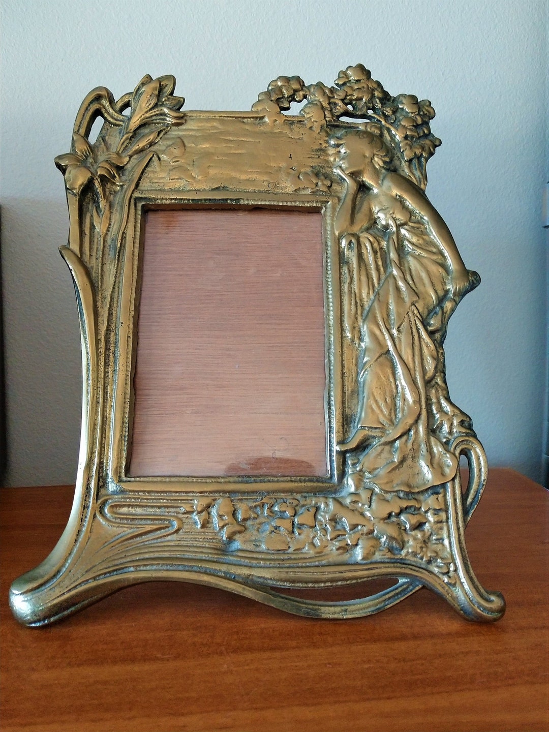 Vintage Brass Art Nouveau Picture Frame With Lady and Floral