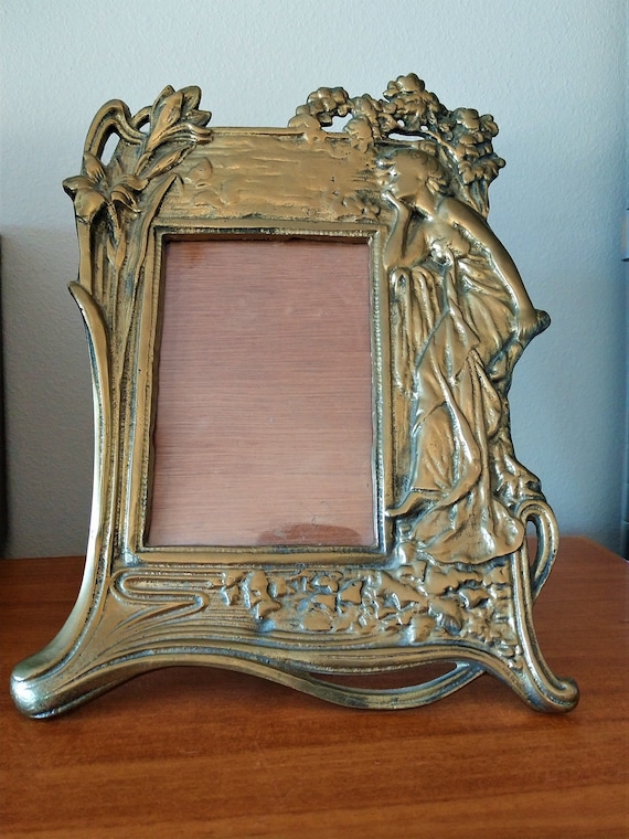 Vintage Brass Art Nouveau Picture Frame With Lady and Floral