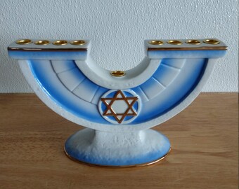 Traditional Nine Candle Hannukah Menorah Ceramic Blue and White Star of David Motif