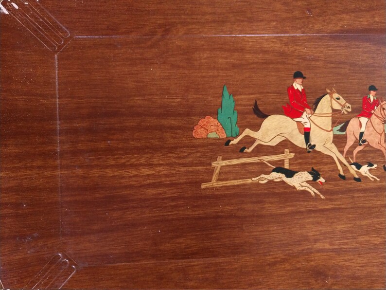 Hasko Lap Trays Steeplechase Set of Eight Faux Wood Equestrian Scene 1950/'s Vintage Lithographed Paper Over Wood