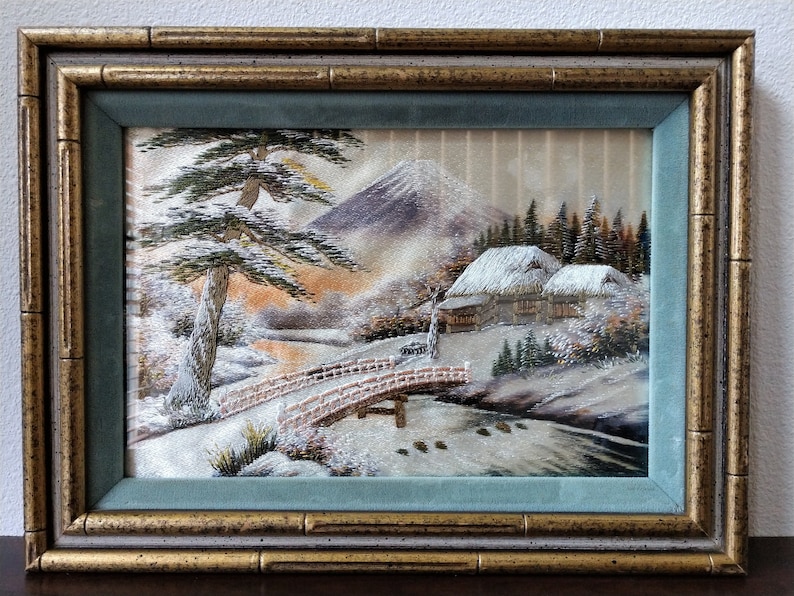 Vintage Bamboo Japanese Silk Embroideries on Painted Tapestry Two Winter and Summer Mt Fuji Landscape Scenes 15  x 11 Framed 2