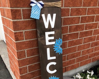 WELCOME SIGN with Blue Flowers and tag, Blue Welcome sign, Outdoor Decor, front door welcome sign, porch leaner sign, welcome sign porch