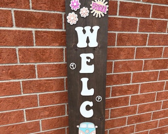 WELCOME SIGN for front door 70s theme, Front Door Decor, Colorful welcome sign, Flower pattern welcome sign, welcome sign porch