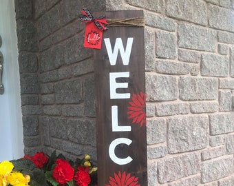 WELCOME SIGN with red flowers, Red welcome sign, front door welcome sign, porch decor, welcome sign porch, Colorful welcome sign