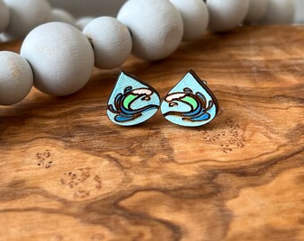 Tears and ocean stud earrings, Lightweight hand painted wood earrings