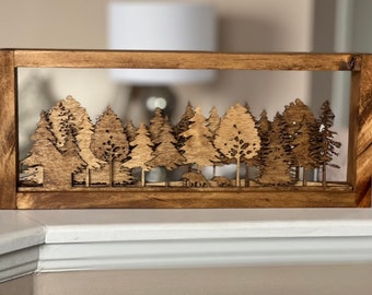 Mantle decor, Natural wood forest, Framed 3D forest, Laser Cut Wood Art