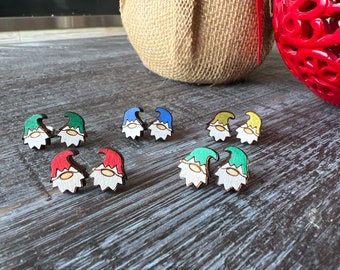 Gnome earring studs, Holiday gnome earrings, Christmas wood earrings, Laser cut wood earrings, Lightweight hand painted wood earrings