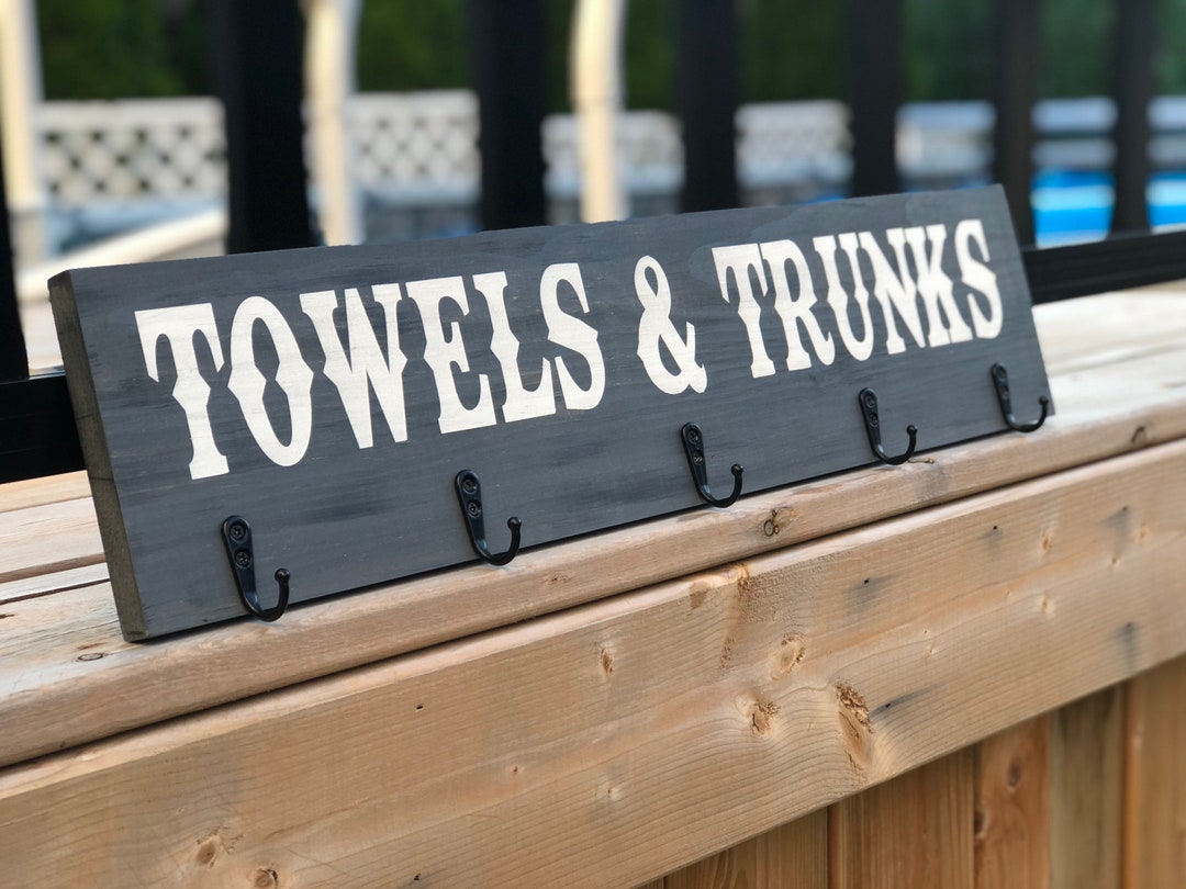Swimsuit and Towel Rack, Pool Towel Rack, Towels and Trunks Sign With