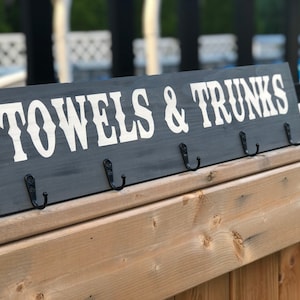 Swimsuit and towel rack, Pool towel rack, Towels and Trunks sign with hooks