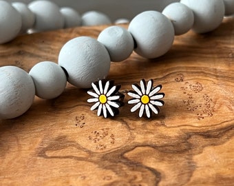 Daisy Stud Earrings | Floral Studs Earrings | Minimalist Floral Earrings | Wooden Hand Painted Earrings