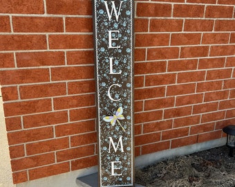 WELCOME SIGN for front door, Floral welcome sign, Flower pattern with dragonfly welcome sign, front door welcome sign, porch decor