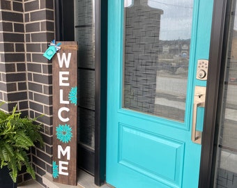 WELCOME SIGN with Teal Flowers, Teal Welcome sign, Outdoor Decor, Front door welcome sign, Porch leaner sign, Porch Decor