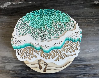 Layered ocean, Natural wood ocean, 3D feet in the sand, Laser Cut Wood Wall Art, Ocean-Lover gift