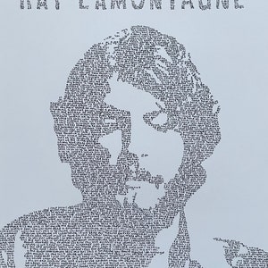 May include: A black and white portrait of Ray Lamontagne, created using a unique typography technique. The image is made up of words and phrases, forming the outline of his face.