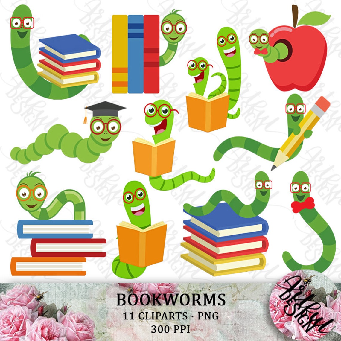 Bookworm Clipart Reading Clipart Bookworm Clip Art School | Etsy