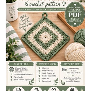 Può includere: Uno schema per presina quadrata all'uncinetto con un motivo geometrico color crema e verde salvia. Il documento include il testo Magic Square Crochet Potholder, elencando materiali, punti utilizzati e una dimensione finale di 17,5 cm per 17,5 cm.