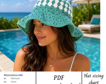 Patrón de ganchillo en PDF para sombrero de sol bohemio flexible, sombrero de playa de ala ancha