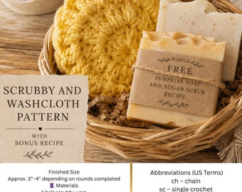 Paquete de toallitas y estropajos texturizados con recetas adicionales de jabón y exfoliantes.