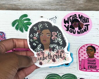 Unbothered Pretty Black Woman Quote 3in Pink Matte Vinyl Waterproof Sticker, Black Girl, Unbothered, Weatherproof Sticker, Feminine, Floral