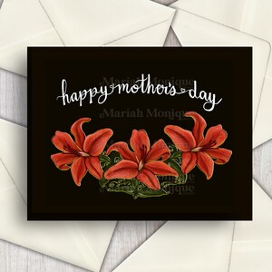 Mother's Day Greeting Card Handmade Floral Red Lilies Illustrated Elegant Mother’s Day Card A2 Size – Minimalist 4.25x5.5” Design