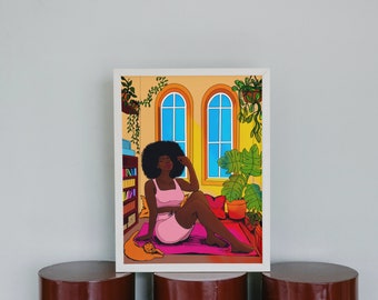 Serene | Digital Art Print, Black Woman Illustration, Orange Cat, House Plants, Interior Room Decor, Black Girl Natural Hair Art Decor Pink