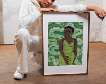 Green Black Girl Illustration, Digital Art Print, Black Woman, Groovy, Interior Room Decor,Natural Afro Hair, Art Decor, Instant Download