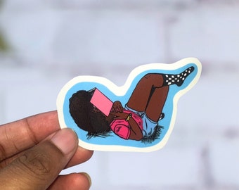 Black Girl Reading Book Holographic Vinyl Sticker Y2k Aesthetic 2000s Nostalgia Bookish Gift For Her Book Lover Black Woman Sticker
