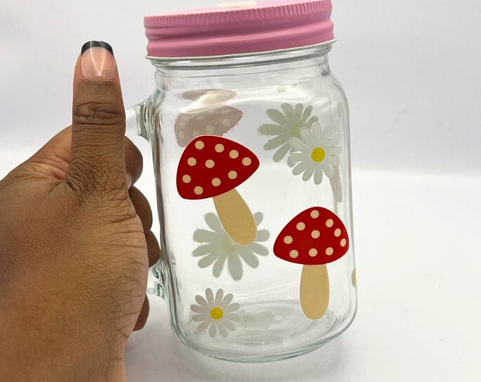 Mushroom Glass Can Cup 16oz Pink Lid Metal Straw Cute Coffee Cup