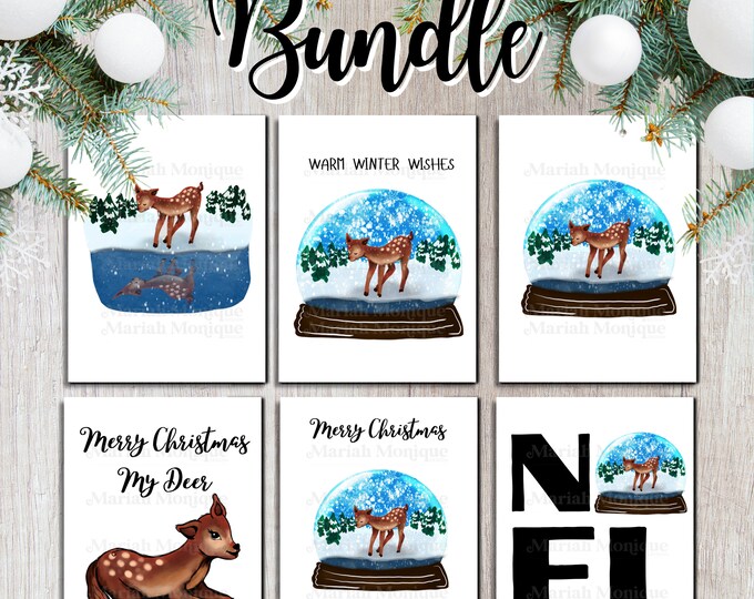 Christmas Greeting Card Bundle 6 Pack Set Holiday Card Illustration Xmas Deer Lover My Deerest Pun My Deer Cute Snowglobe Winter Gift